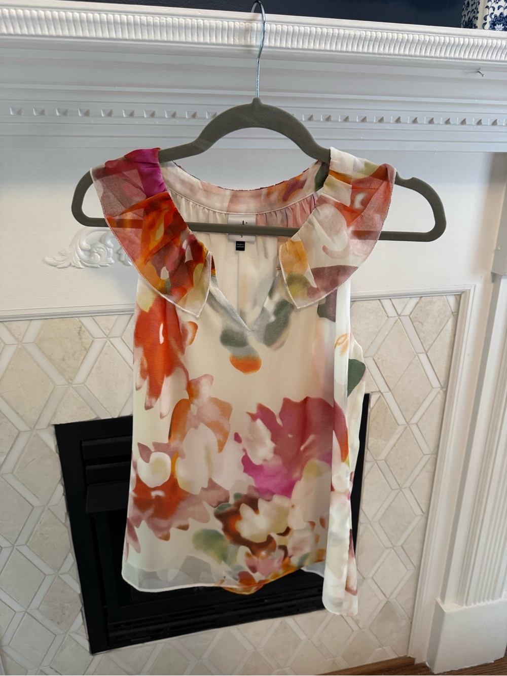 CAbi meadow Floral Ruffle Neck Shell in Cream, Pink, Orange, Green - Picture 2 of 2